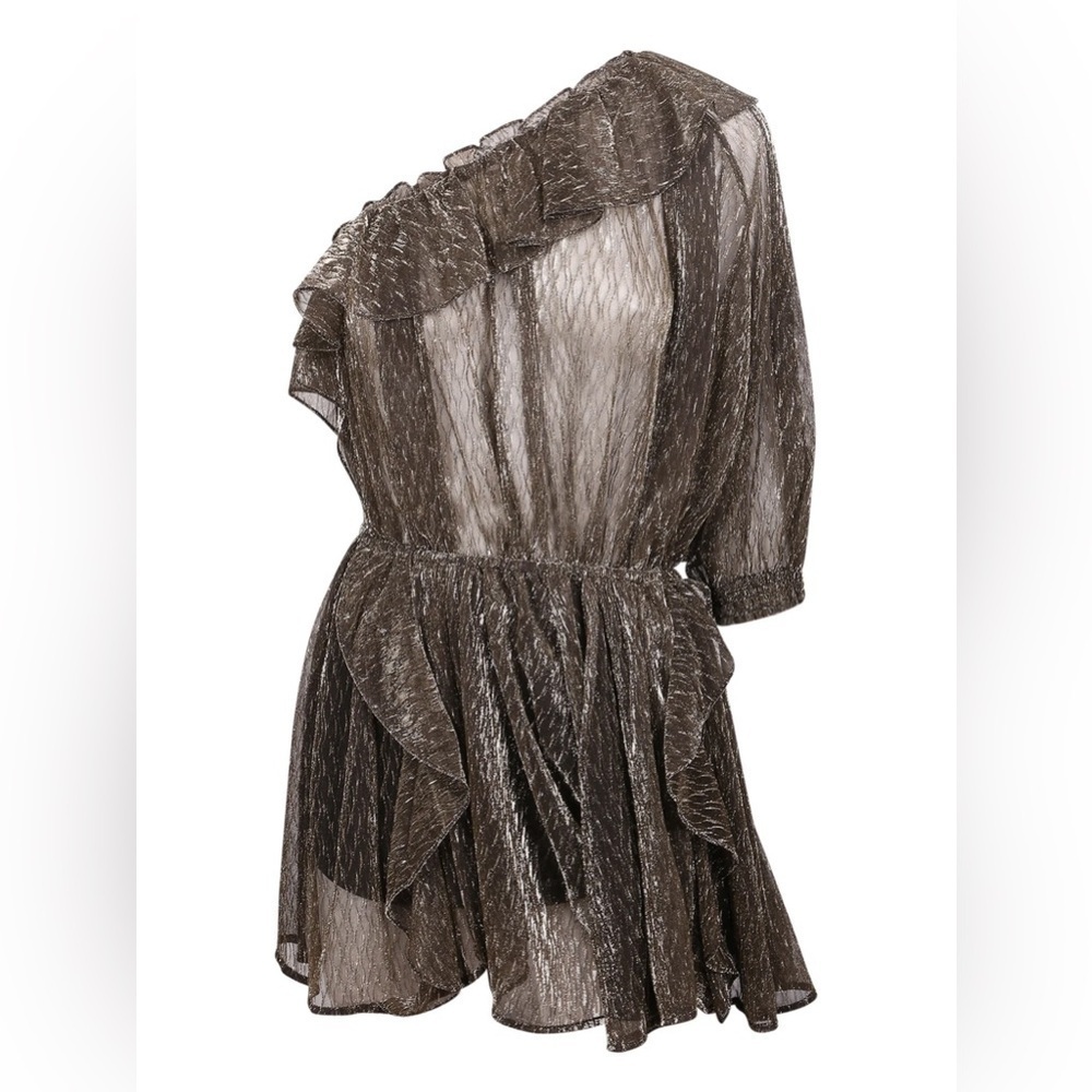 IRO Paris Payham Black Gold Lame One Shoulder Ruffle Sheer Jumpsuit Romper Large - Picture 6 of 17